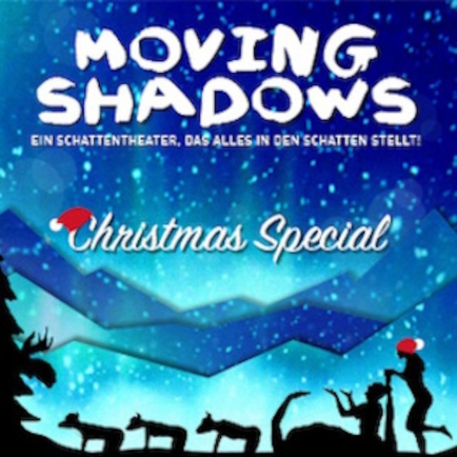 Plakat für Moving Shadows Christmas Special mit Silhouetten von Rentieren und Menschen vor einem blauen Hintergrund.