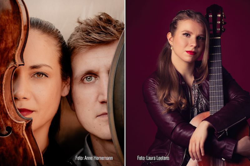 Zwei Porträts von Musikern: links ein Mann und eine Frau mit einem Cello, rechts eine Frau mit einer Gitarre.