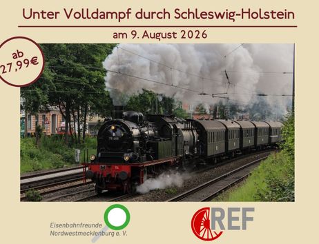 Eine Dampflok bei der Ausfahrt in Dammtor. Veranstaltungstitel sowie Preise werden genannt