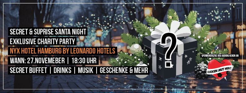 Titelbild der Veranstaltung. Eine Winterliche Innenstadtszenerie, eine Zeichnung eines Geschenks mit einem Fragezeichen das Logo von Kicken mit Herz.