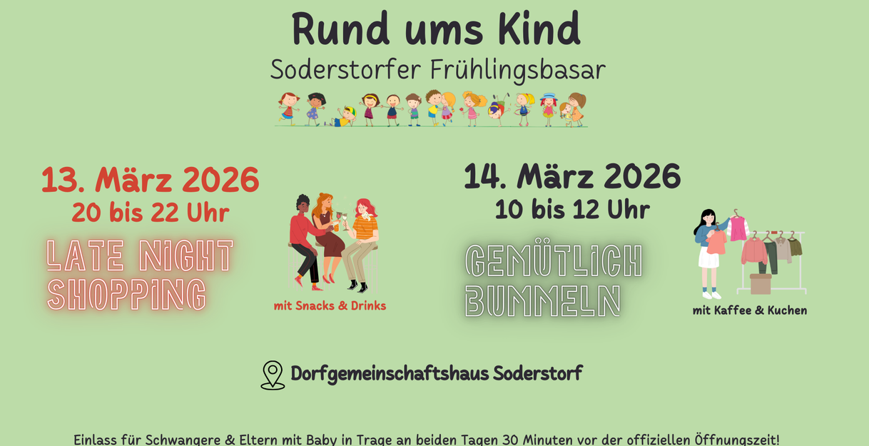Einladungsplakat für den Soderstorfer Frühlingsbasar 'Rund ums Kind' mit Terminen und Aktivitäten.