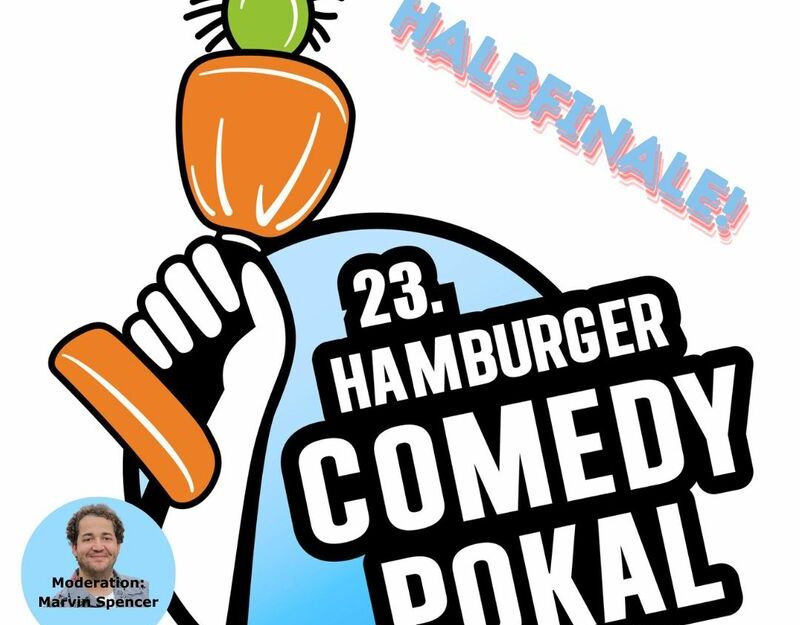 Logo des 23. Hamburger Comedy Pokals mit einem Pokal und dem Wort 'Halbfinale'.