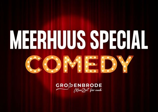 Plakat für eine Comedy-Veranstaltung mit dem Titel 'MeerHuus Special - Comedy' vor einem roten Vorhang.