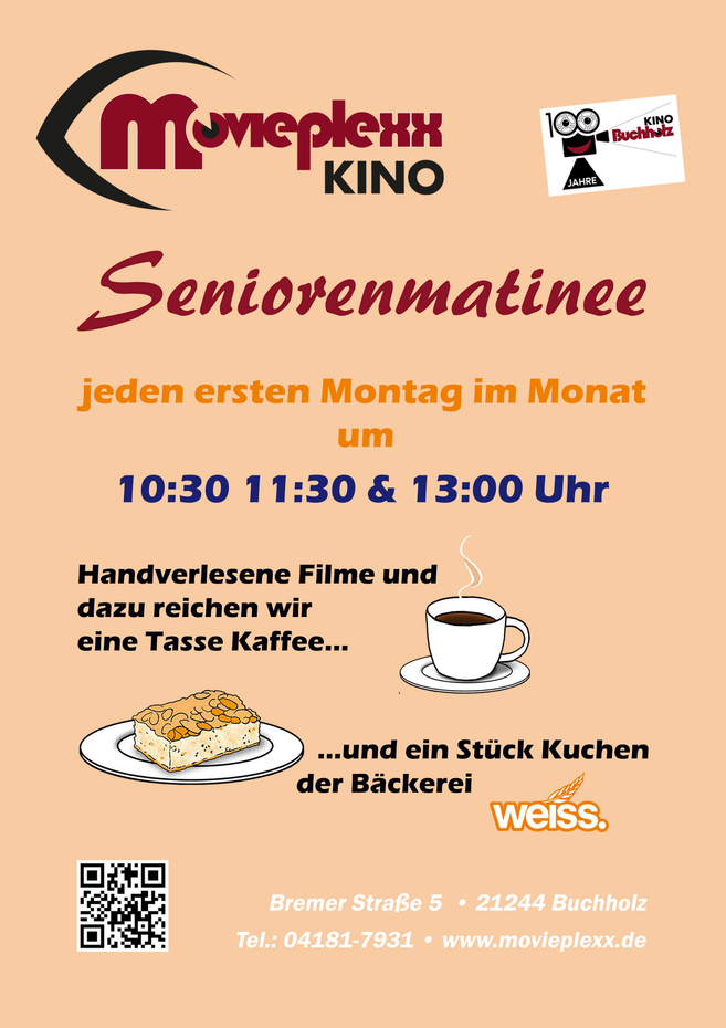 Seniorenmatinee, jeden ersten Montag im Monat um 10:30 11:30 und 13:00 Uhr, handverlesene Filme und dazu reichen wir ihnen eine Tasse Kaffee und ein Stück Kuchen