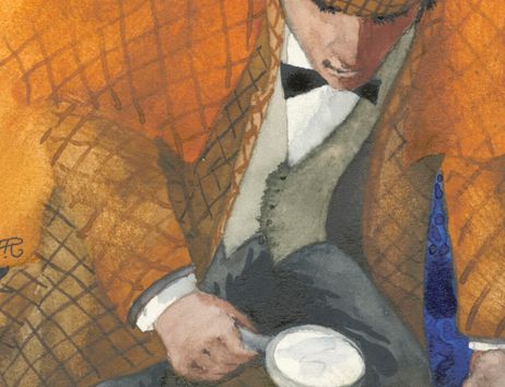 Illustration eines Detektivs mit kariertem Mantel und Deerstalker-Hut, der eine Lupe hält.