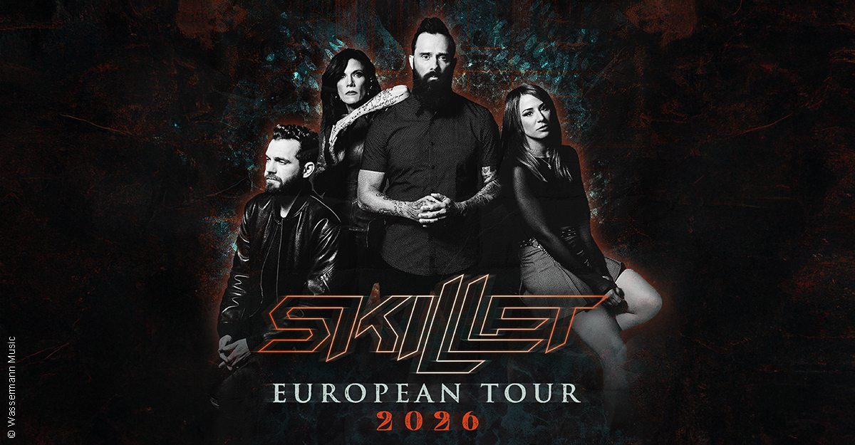 Band Skillet posiert für das Poster ihrer Europatournee 2026.