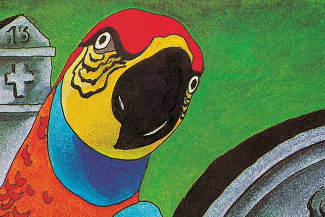 Illustration eines bunten Papageis vor einem Grabstein mit der Zahl 13.