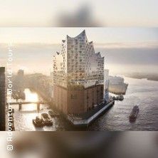 Luftaufnahme der Elbphilharmonie in Hamburg bei Sonnenuntergang.