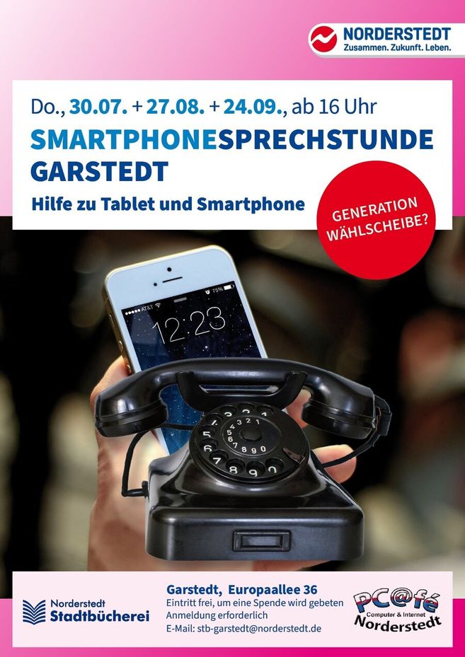 Plakat für die Smartphonesprechstunde in Garstedt mit einem Smartphone und einem alten Wählscheibentelefon.