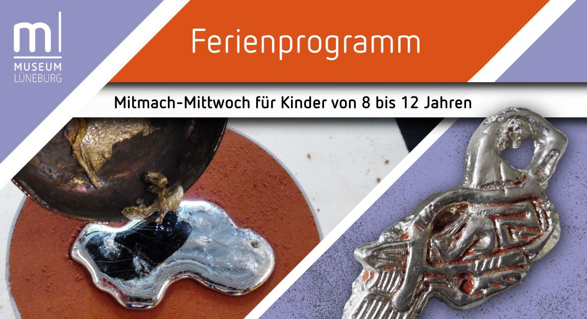 Ein Schmuckstück aus Metall wird in eine Form gegossen, rechts ist das fertige Schmuckstück abgebildet
