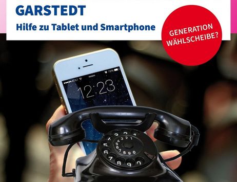 Plakat für die Smartphonesprechstunde in Garstedt mit einem Smartphone und einem alten Wählscheibentelefon.