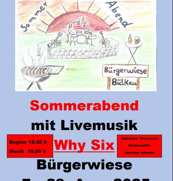 Plakat mit einer bunte Zeichnung auf der links ein Grill, in der Mitte hinten eine Bühne mit Musikinstrumenten und rechts ein Stehtisch gezeichnet sind. Dazu der Text zum Sommerabend