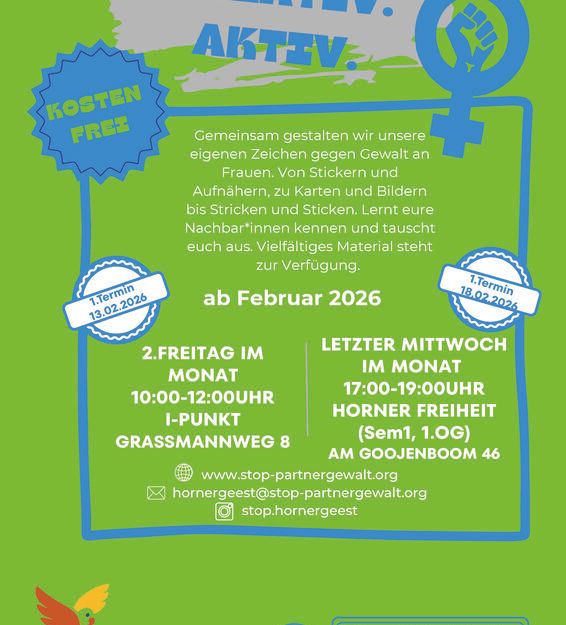 Werbeplakat für kreative Workshops gegen Gewalt an Frauen, organisiert von StoP Stadtteile ohne Partnergewalt.