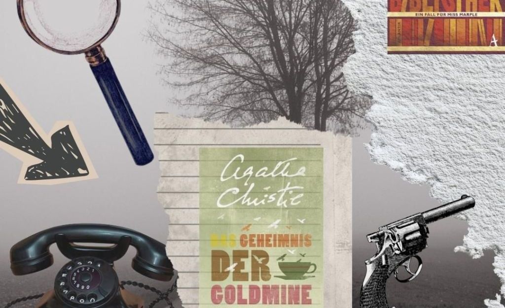 Collage mit Miss Marple-Motiven, darunter Bücher von Agatha Christie, eine Lupe, ein Telefon und ein Revolver.