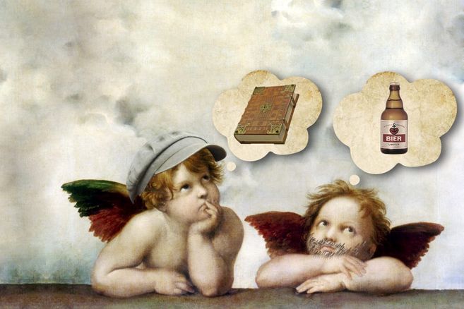 Zwei Engel von Raffael. Der Eine denkt an ein Buch, der andere an ein Bier.