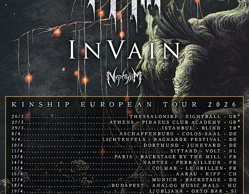 Poster der Kinship European Tour 2026 mit den Bands Iotunn, In Vain und Nephylim.