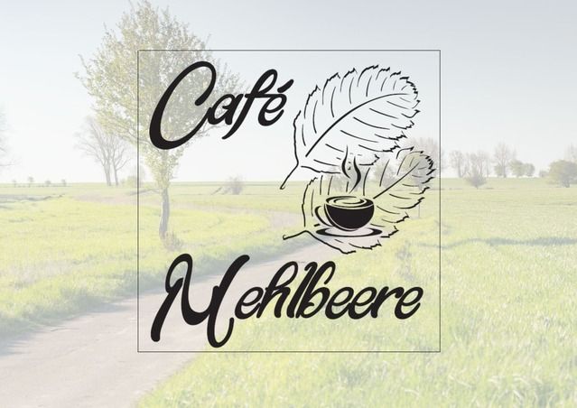 Logo des Café Mehlbeere mit Kaffeetasse und Blättern auf einem Feldhintergrund.