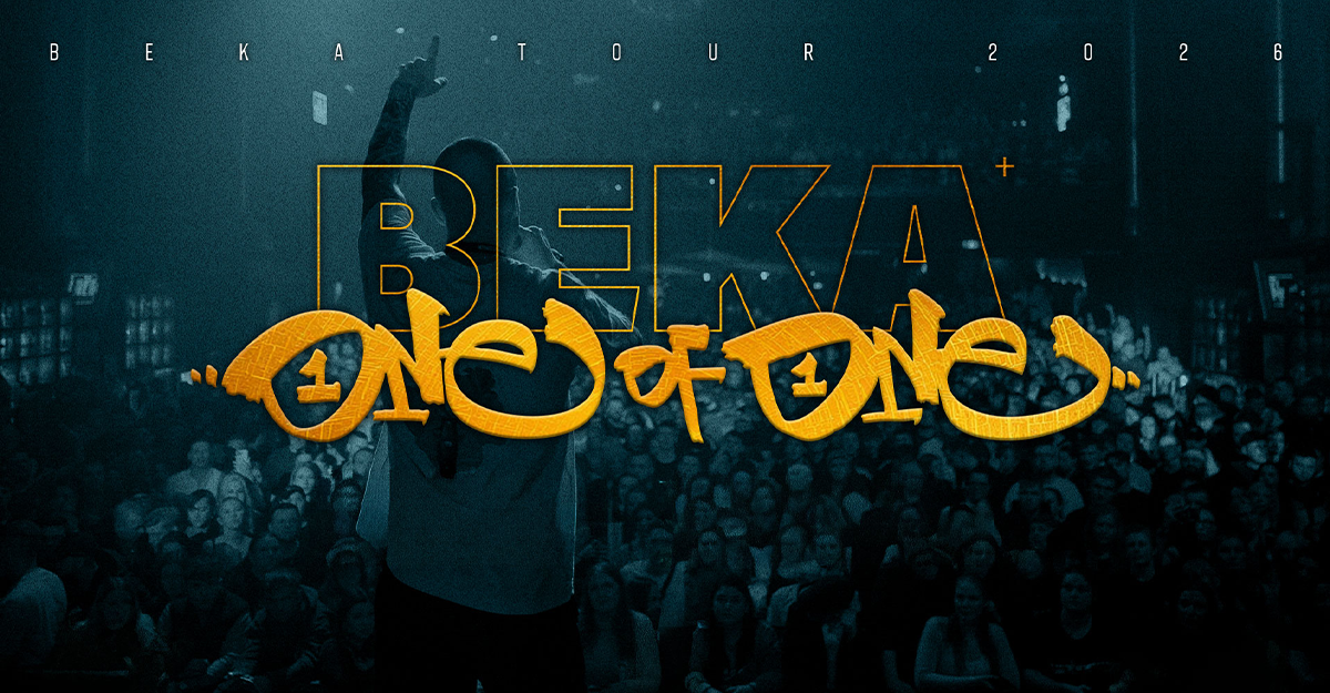 Ein Konzertposter mit dem Schriftzug 'BEKA - One of One Tour 2026' vor einer Menschenmenge.
