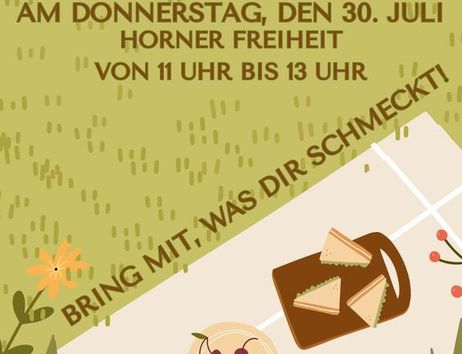Einladungsplakat für ein Nachbarschaftsfrühstück mit Picknick-Motiven und Textinformationen.