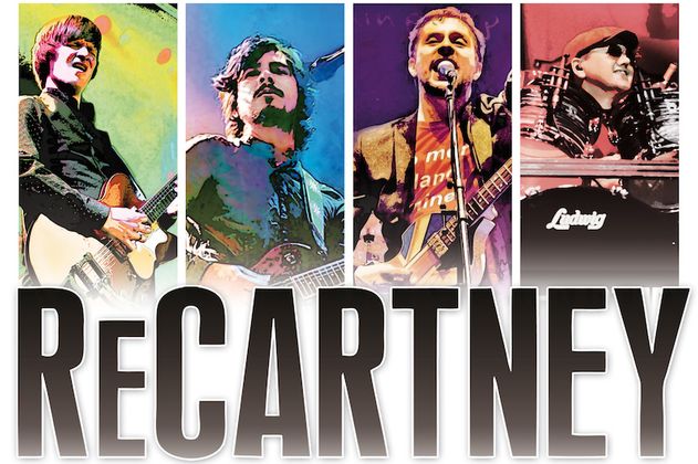 Vier Musiker der Coverband ReCartney in bunten Porträts mit Instrumenten.