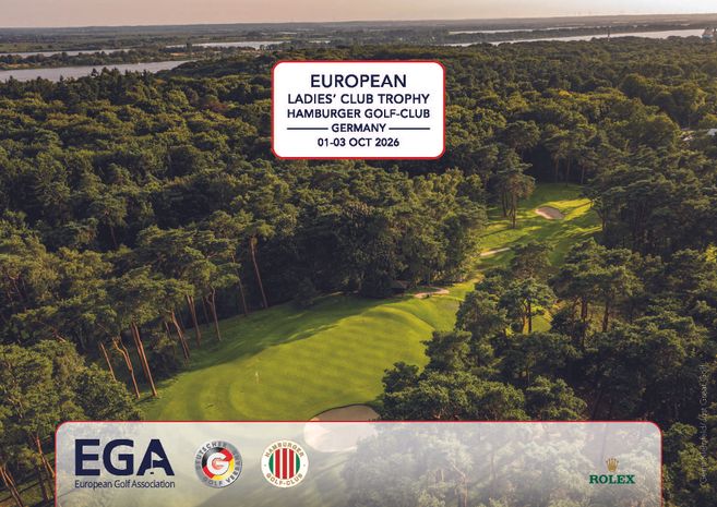 Drohnenansicht einer Bahn des Hamburger Golf-Clubs mit Championship Logo