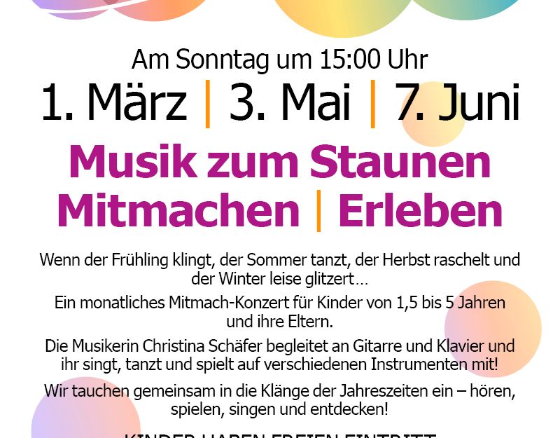 Notenlinie mit bunten Ballons und Veranstaltungsbeschreibung