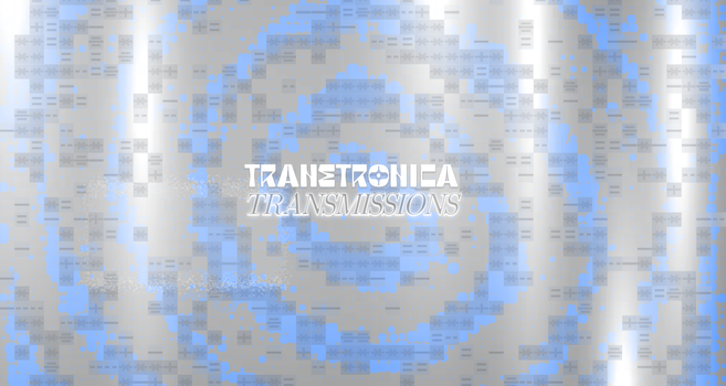 Auf einem grauen hintergrund mit blauem Strudel steht das Logo der Transtronica sowie der Titel Transmissions.