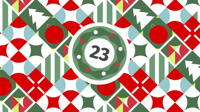 Grafik eines Adventskalenders mit der Zahl 23 in der Mitte, umgeben von weihnachtlichen Mustern in Rot, Grün und Weiß.