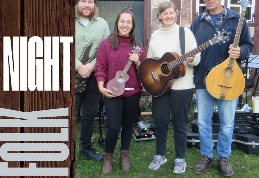 Eine Gruppe von vier Personen mit Musikinstrumenten steht vor einem Gebäude. Text auf dem Bild bewirbt eine Irish Folk Night am 13. März im Lustis 53,6.