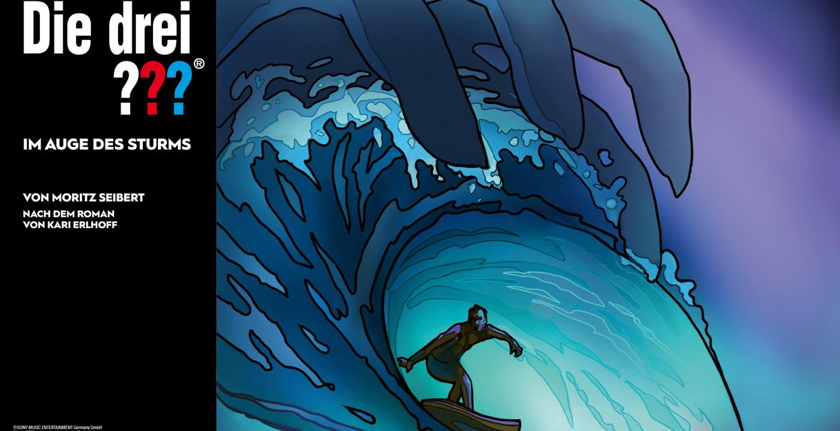 Illustration eines Surfers in einer großen Welle mit einer riesigen Hand darüber.