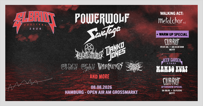 Poster für das Elbriot Festival 2026 mit Bands wie Powerwolf und Savatage.