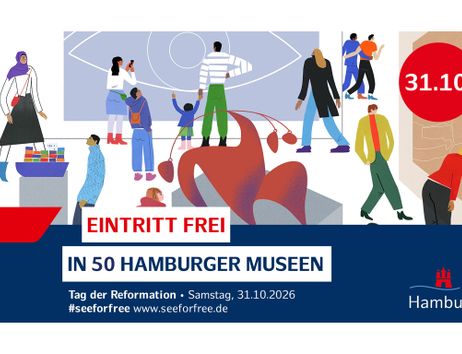 Plakat zu #seeforfree am 31.10.2026 mit stilisierten Museumsbesuchern, großem Auge und dem Hinweis „Eintritt frei in 50 Hamburger Museen“ sowie Hamburg-Logo.