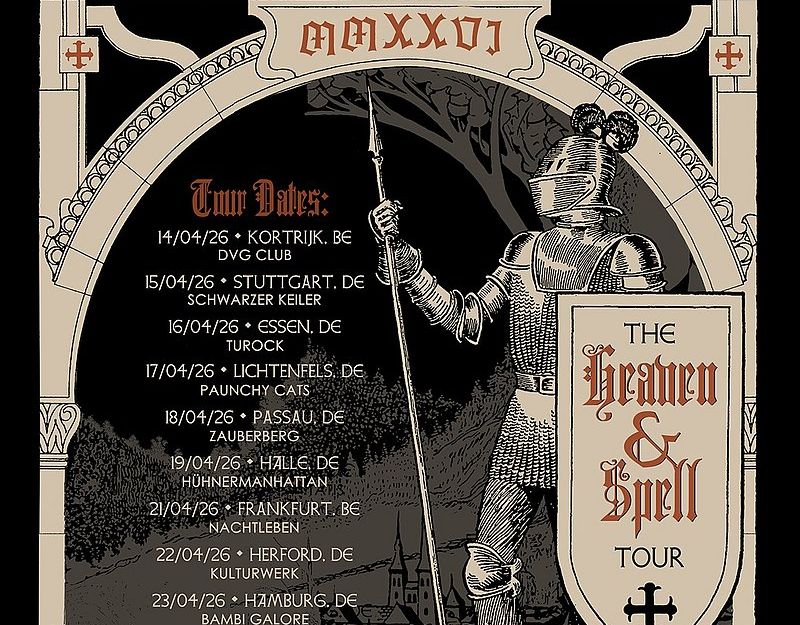 Poster der Heaven & Hell Tour 2026 von Wytch Hazel mit Phantom Spell, zeigt einen Ritter mit Lanze vor einer Burg.