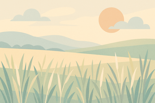 Illustration einer Wiese mit Gräsern, Hügeln und einer Sonne am Himmel.