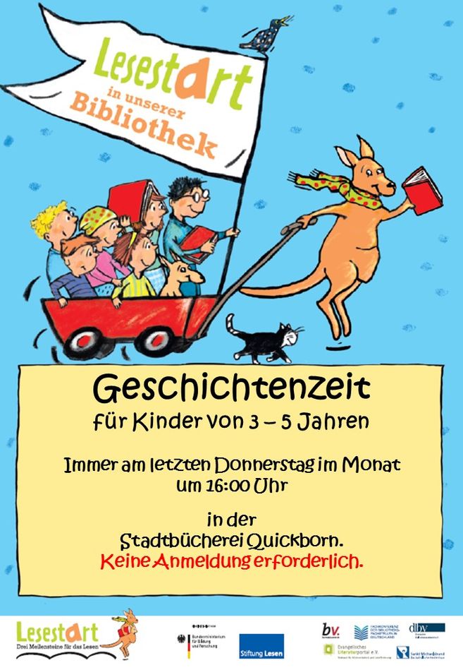 Plakat Geschichtenzeit: Kinder im Bollergwagen, der von einem Känguru gezogen wird