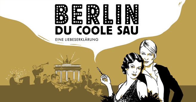 Illustration von zwei stilisierten Frauen vor dem Brandenburger Tor mit Musikern im Hintergrund.