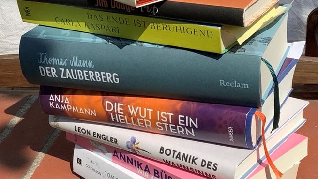 Ein Stapel Bücher auf einem Tisch, darunter Werke von Thomas Mann und Anja Kampmann.