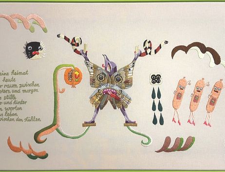 Miriam Zadil, auskunft, gesticktes Gedicht von May Ayim, 2026, Garn auf Nessel, 46 x 76 cm