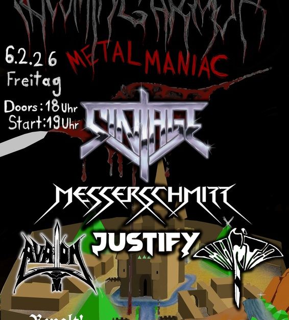 Poster für ein Metal-Konzert mit Bandlogos und Veranstaltungsdetails.