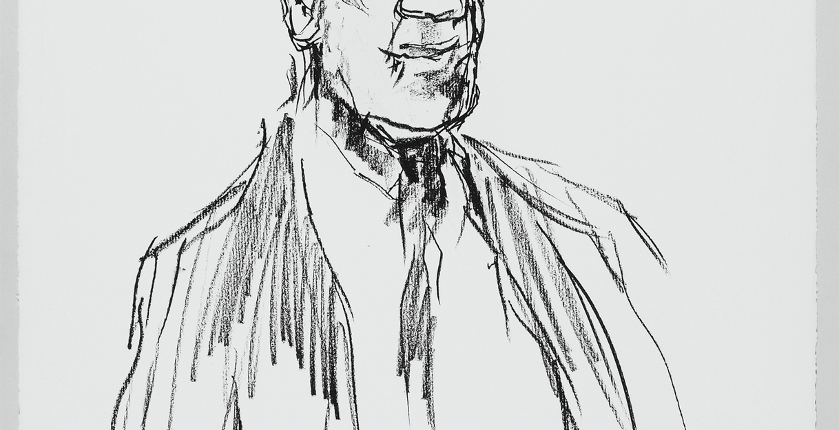 Zeichnung eines Mannes in Anzug mit verschränkten Händen, signiert mit "Kokoschka" und datiert auf den 12.12.69.