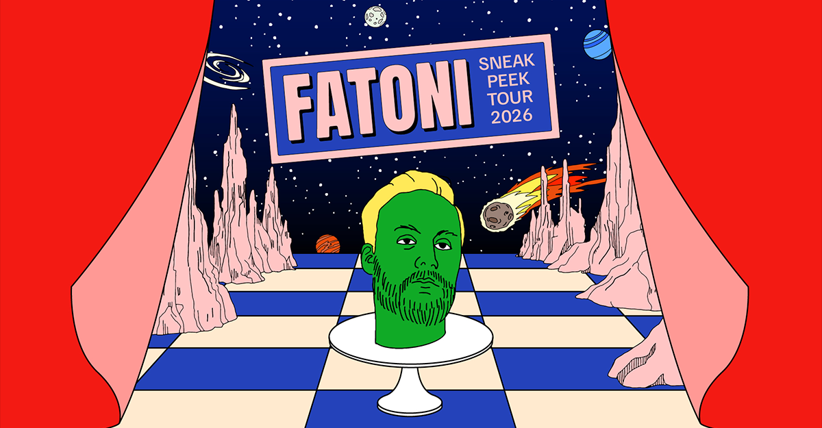 Illustration eines grünen Kopfes auf einem Podest vor einem kosmischen Hintergrund mit Planeten und Kometen. Schriftzug: Fatoni Sneak Peek Tour 2026.