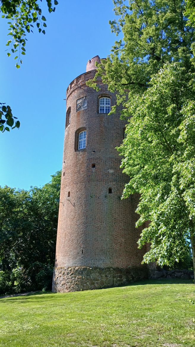 Der Amtsturm des Museums Lüchow aus rotem Backstein ragt zwischen grünen Bäumen in den blauen Himmel.