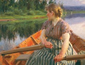 Ein Gemälde von Anders Zorn (1860–1920) mit dem Titel Mitternacht von 1891. gemalt Öl auf Leinwand mit dem Format 69 x 103 cm  aus dem Zornmuseet, Mora © Zornmuseet, Mora. Es zeigt eine Ruderin in einem gestreiften Oberteil und Rock, den Kopf nach hinten gedreht an einem Fluss