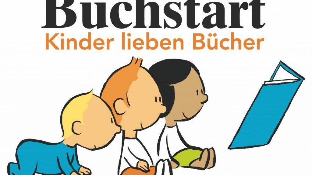 Cartoon Kinder, die in ein Buch gucken dazu der Text Buchstart Kinder lieben Bücher