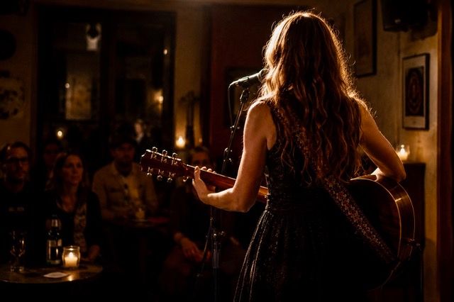 Eine Frau spielt Gitarre und singt vor einem Publikum in einem gemütlichen, dimm beleuchteten Raum.