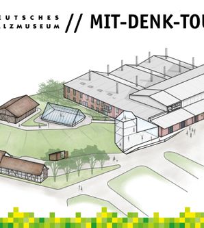Visualisierung einer möglichen Sanierung des Deutschen Salzmuseums in Lüneburg: neben dem historischen Industriedenkmal ist am Rand des Solehügels ein neues Eingangsgebäude angedeutet, eine Brücke führt von dort zum Solehügel.