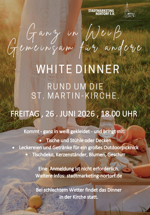 Einladungsplakat für das White Dinner 2026 in Nortorf, mit einer Frau in weißem Kleid auf einer Picknickdecke im Freien.