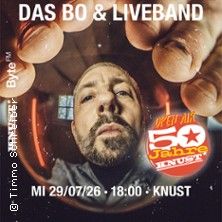 Nahaufnahme eines Mannes mit Bart, der in die Kamera schaut. Text: Das Bo & Liveband, Open Air 50 Jahre Knust, Mi 29/07/26, 18:00, Knust.