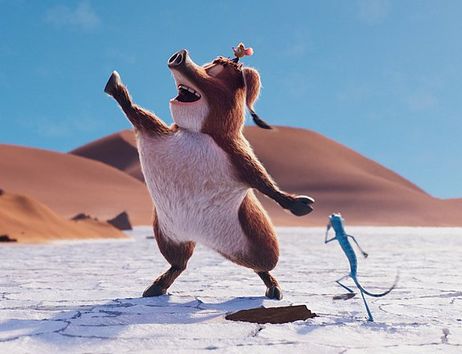 Ein animiertes Erdmännchen tanzt vor Wüstenlandschaft