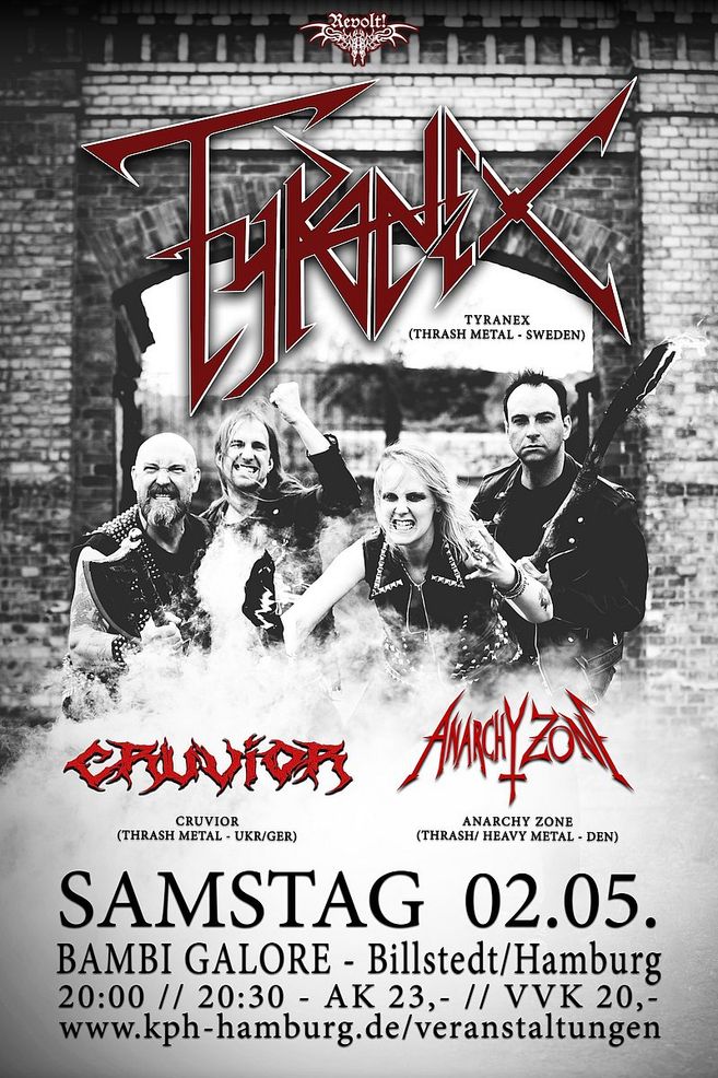 Plakat für ein Thrash-Metal-Konzert mit den Bands Tyranex, Cruvior und Anarchy Zone.